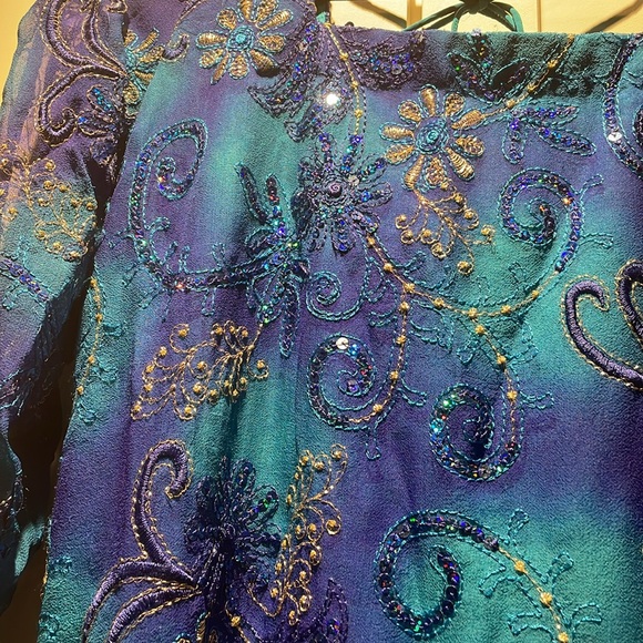 Stunning blue sequin floral Indian top (kurta) and scarf (dupatta) - Picture 2 of 3